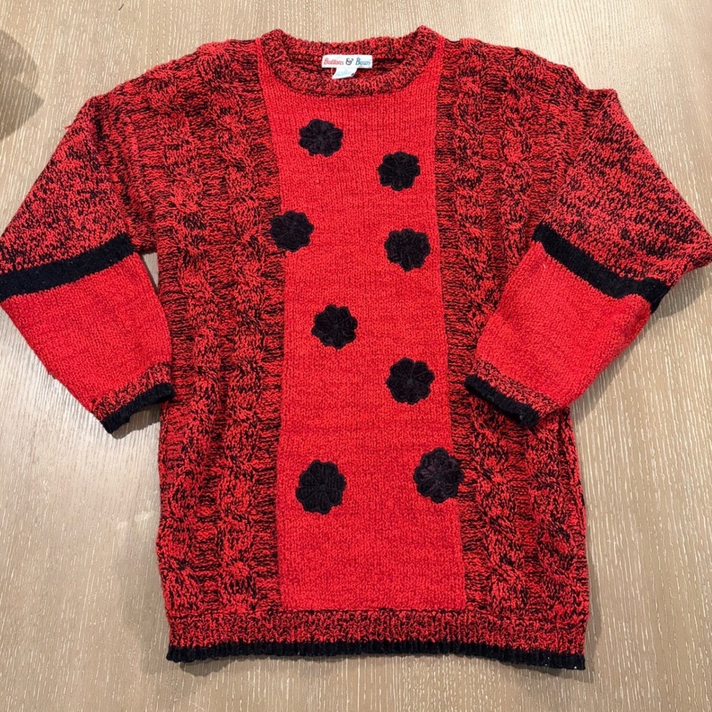 Vintage Buttons & Bows Women's M Red Black Cable Knit Floral Sweater 80s 90s